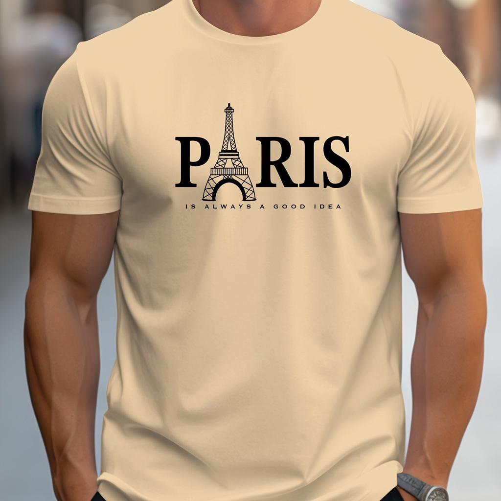 Summer Loose Size PARIS Letter Print T-shirt Casual and Comfortable Round Neck Short Sleeve T-shirt Men's Cotton Short Sleeve