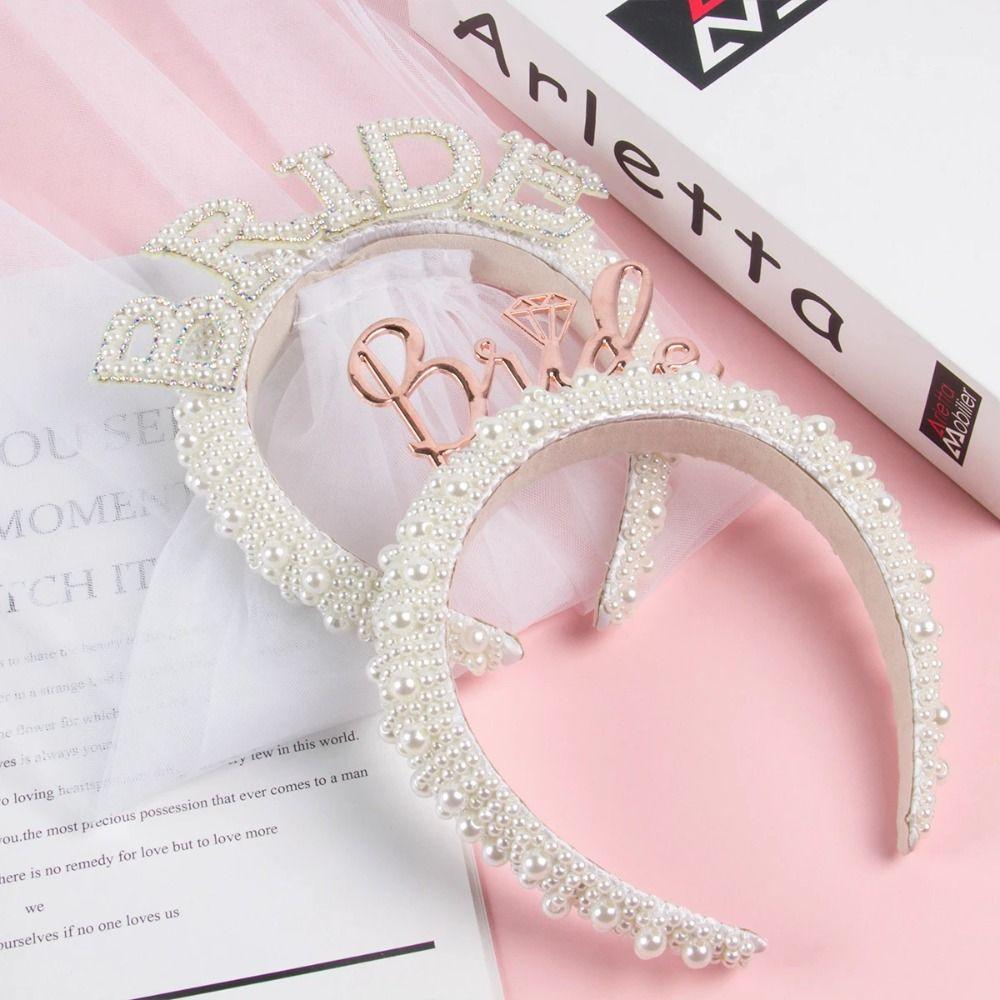 With Veil Pearl Crown Headband White Bridal Hair Accessories  Engagement Dinner Hair Accessories