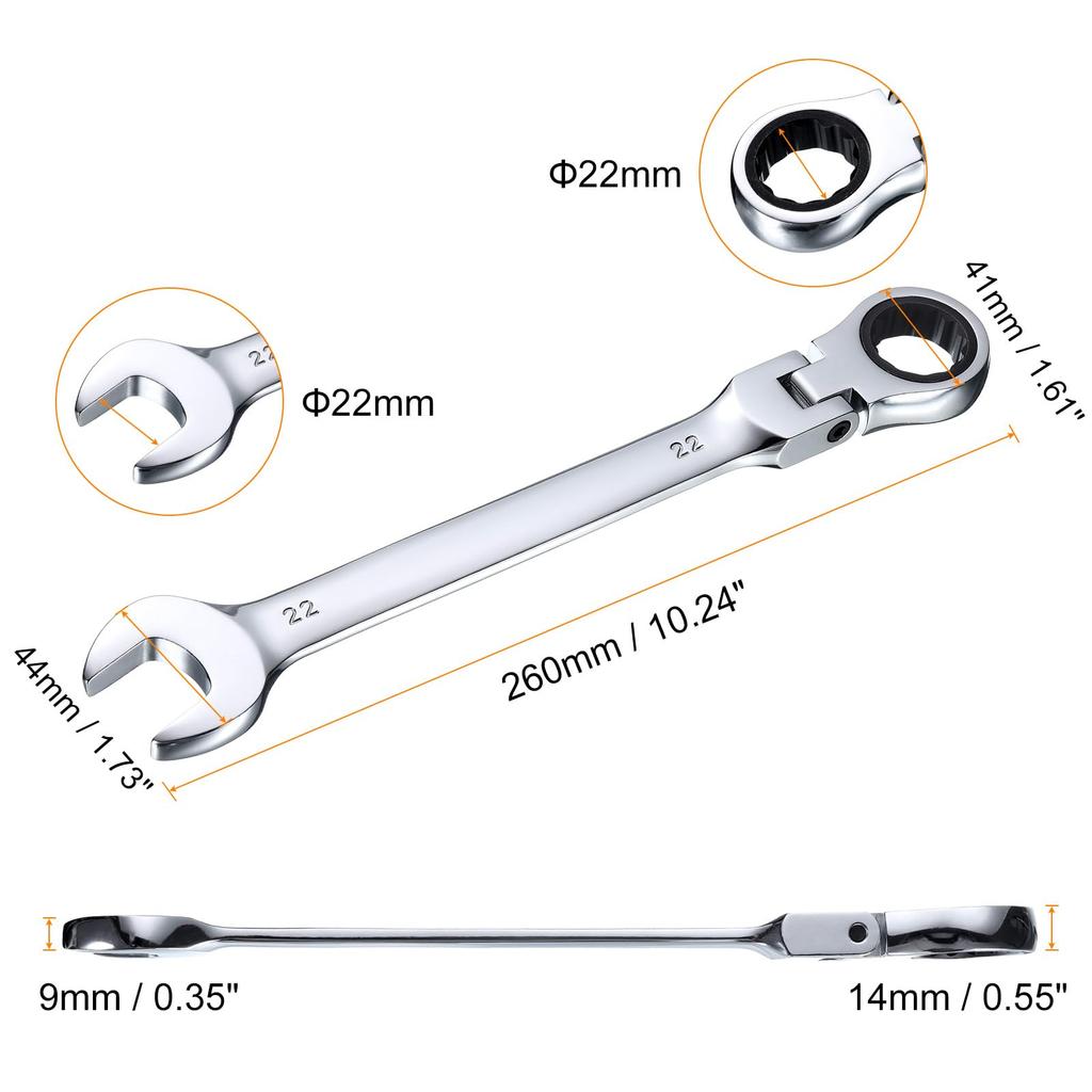 uxcell 22mm Flex Head Ratchet Wrench with Rotating Metric Ratchet Combination 72 Chrome Vanadium Steel Ratchet for and Bolts 2-Piece 180° Head,