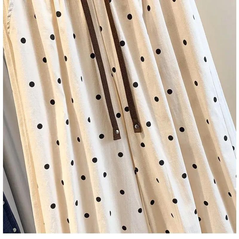 2026 Summer Cotton Linen Polka Dot Trousers Women's Loose Wide Leg Versatile Nine Point Harem Pants Korean Version Lantern Pants