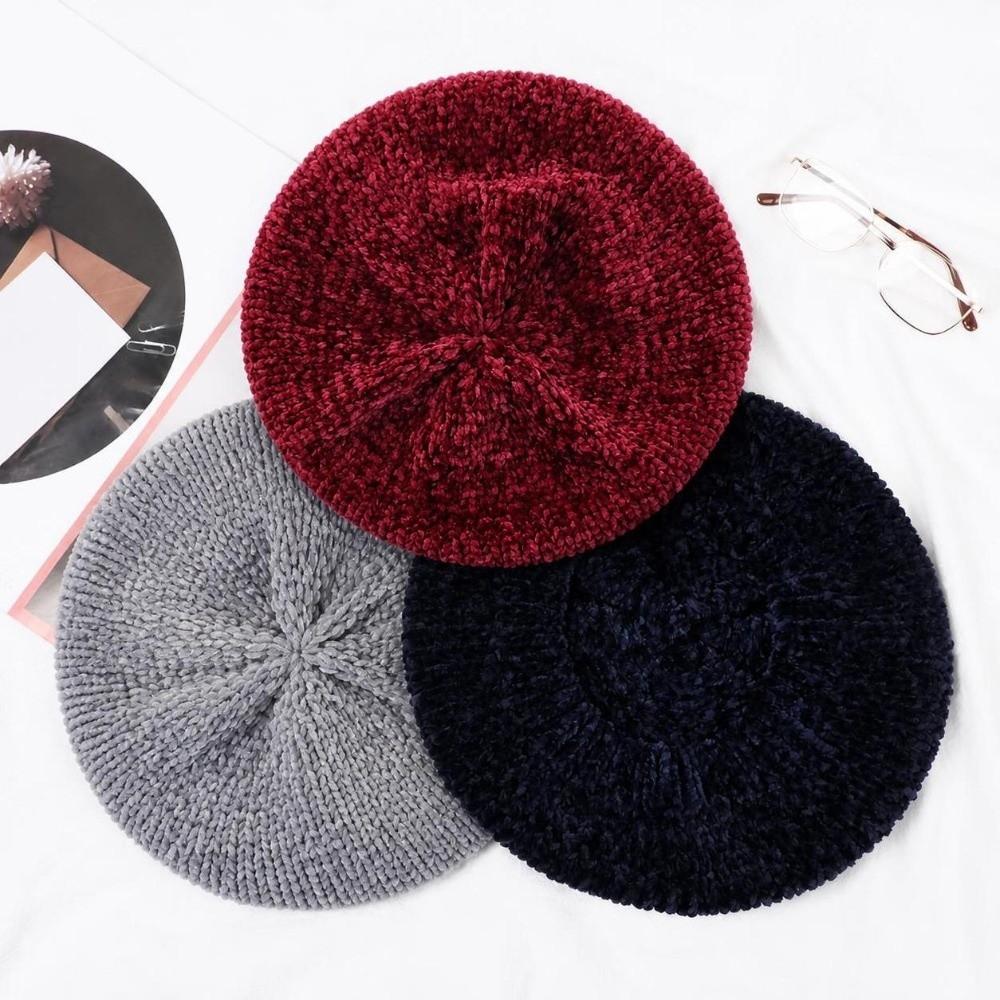 Soft Chenille Knitted Beret Hat Knitted Plain Beret Cap New Warm Winter Hat Spring, Autumn, Winter