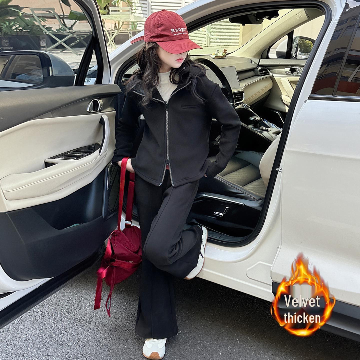 

Комплект для девочек: кардиган с капюшоном на флисовой подкладке и спортивные штаны - Осень/Зима 2025 150 cm чёрный