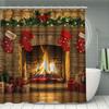 4Pcs Bathroom Shower Curtain Set Christmas Fireplace Pattern Bathroom Curtain With 12 Hooks Non Slip Rugs Toilet Cover Mat Bathroom Partition