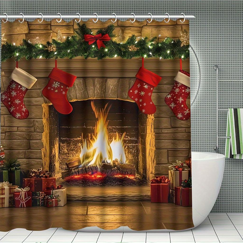 4Pcs Bathroom Shower Curtain Set Christmas Fireplace Pattern Bathroom Curtain With 12 Hooks Non Slip Rugs Toilet Cover Mat Bathroom Partition
