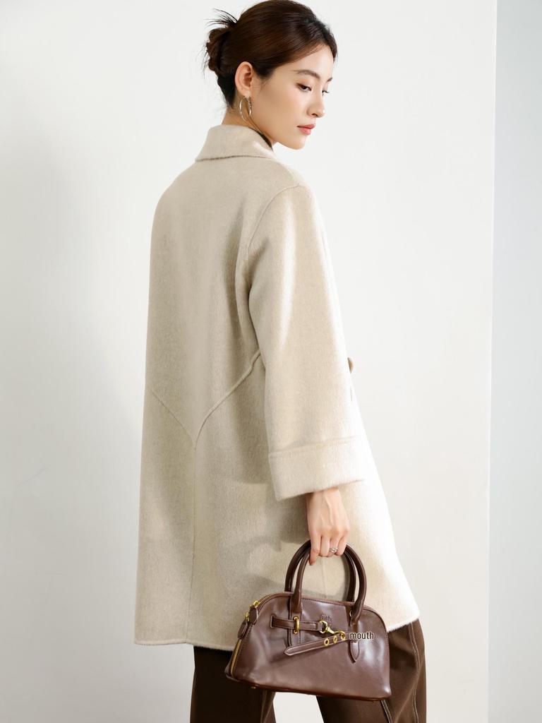 Women's Mid-Length Black Double-Faced Cashmere Wool Coat - 2025 Autumn/Winter Collection