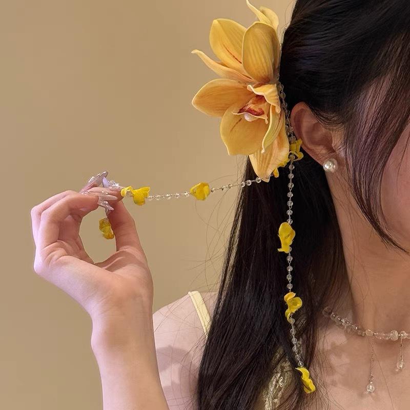 Yellow Fabric Flower Hairpins For Women Glass Beads Petal Tassel Spring Clips Sweet Romantic Barrettes Holiday Hair Accessories