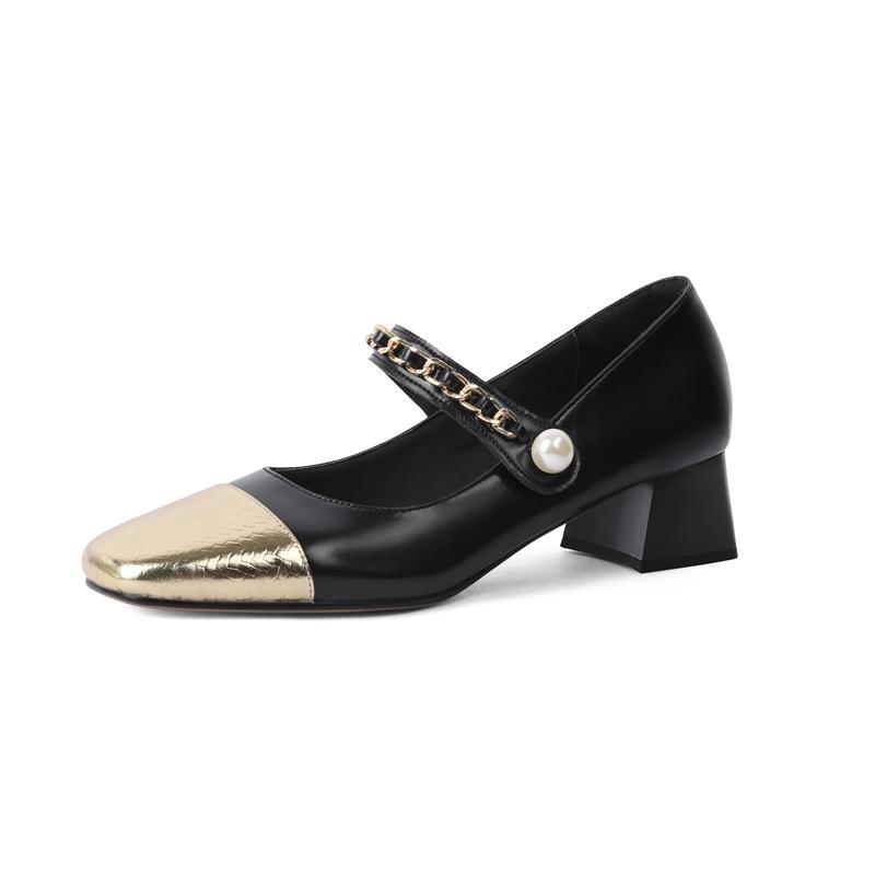 Fashion Women's new cowhide color blocked metal accessory pearl belt buckle square toe mid heel plus size Mary Jane single shoe