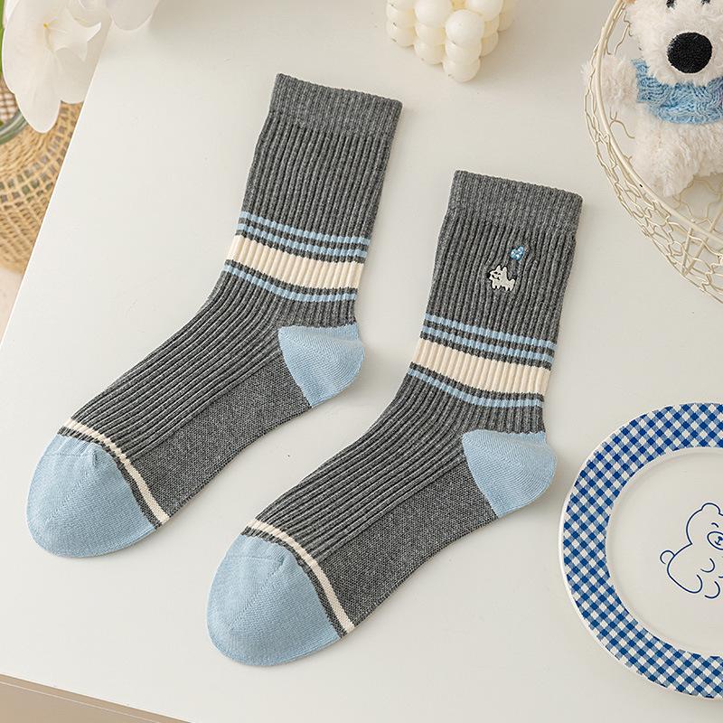 Women's Blue-Gray Striped Ruffled Socks with Lace Embroidery - Trendy Mid-Calf Style In Combed Cotton