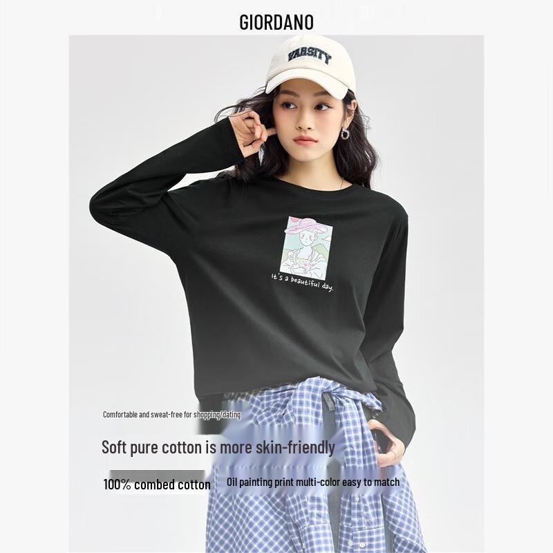 Giordano Women s Retro Oil Painting Print Cotton Long-Sleeve T-Shirt XL