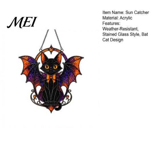 Lightweight Hanging Ornament Halloween Bat Cat Suncatcher, Stained Glass Style Acrylic Sun Catcher, Gothic Festival Atmosphere Display Black for Home