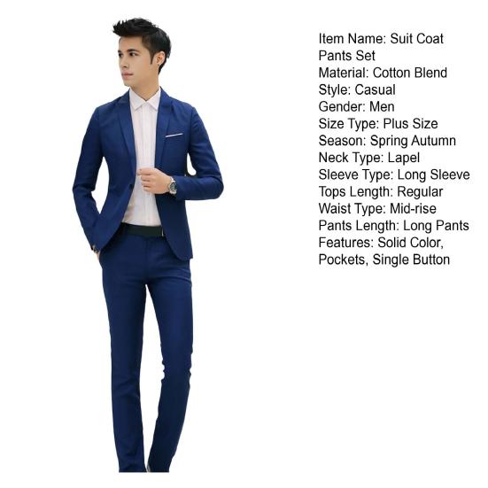 2 stk/sett herre Slim Fit draktsett jakkeslag Langermet enkeltknappsdrakt kåpe Langbuksesett i ensfarget forretningsantrekk