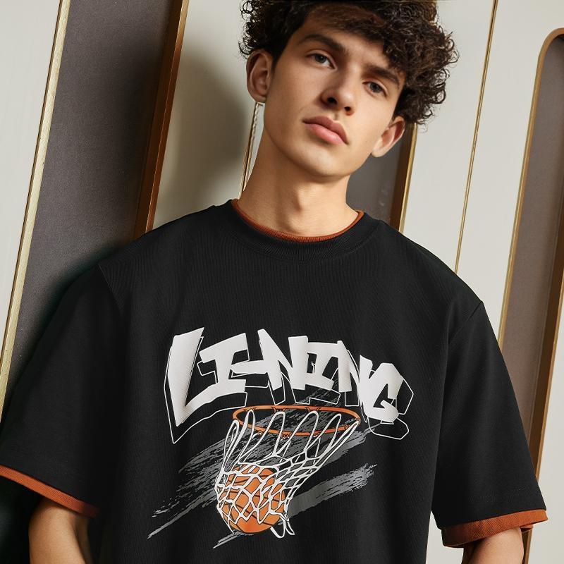Li-Ning Cool Tea Quick-Dry Sports T-Shirt With Letter Print Crew Neck Pullover Casual Short Sleeve Drop Shoulder Men Tops Black AHSU671-1