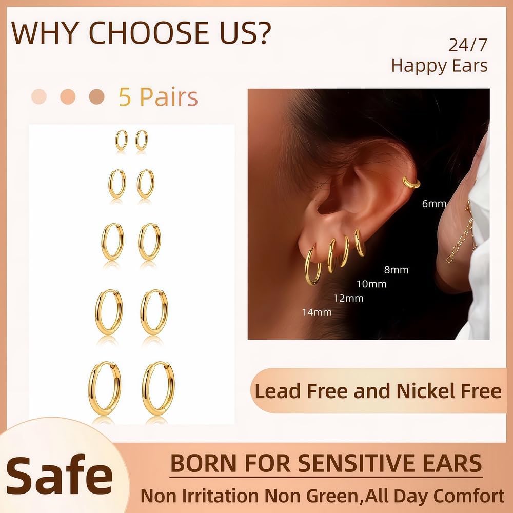 5 Paar 14K Goud Vergulde Huggie Hoepel Oorbellen voor Vrouwen - Hypoallergeen Dagelijks Sieraden voor Gevoelige Oren Meerdere Piercing Set