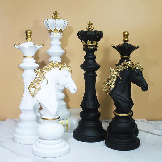 Chess Piece Statue Collectible Black White Horse Sculpture King Queen Knight Chess Piece Figurine for Home Office Desk Shelf Decoration