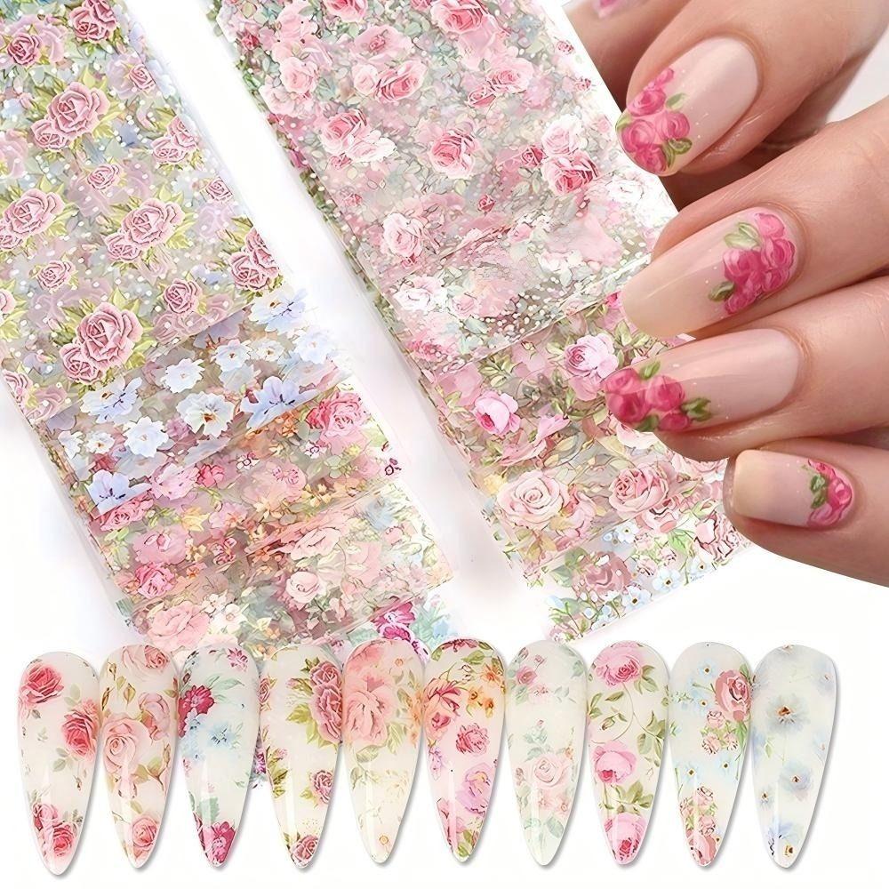 10Pcs Fashion Mixed Designs Nail Wraps Rose Flower Floral Nail Art Foils Self-Adhesive Starry Sky Transfer Sticker Set Nail Art