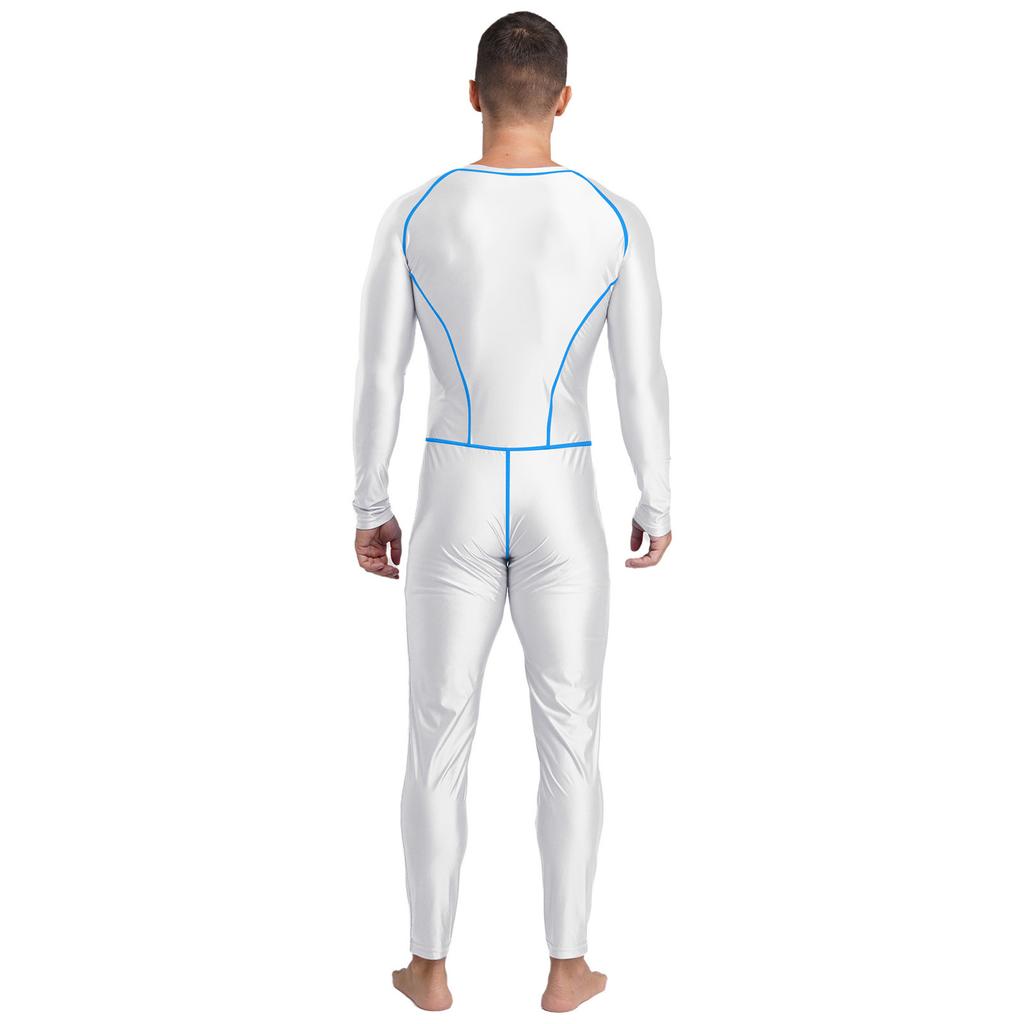 Glänzender Kompressions-Jumpsuit für Herren, Slim Fit, Außen mit flachen Nähten, Reißverschluss vorne, Langarm, Lange Hosen, Yoga-Romper