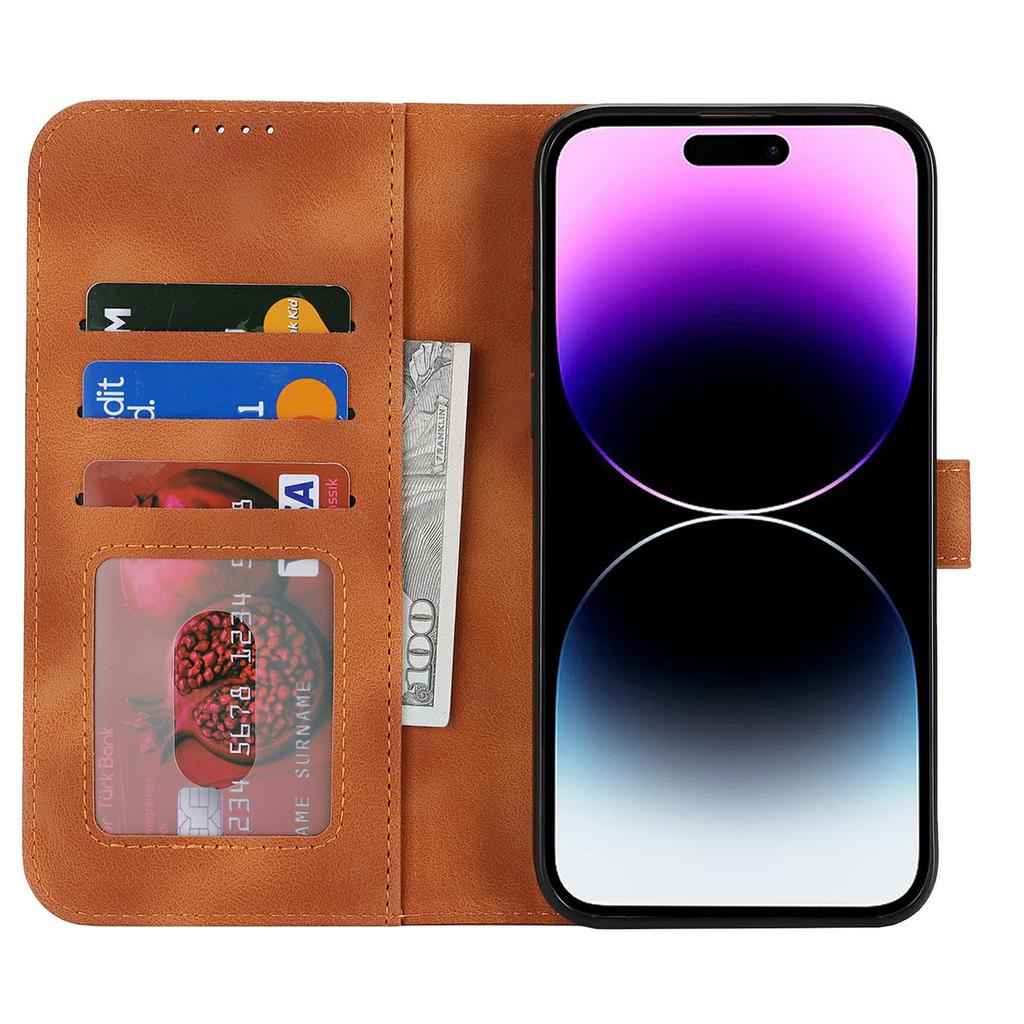 For iPhone 14 Pro Max Wallet Case Double Folded Edge Skin Touch PU Leather Flip Phone Cover