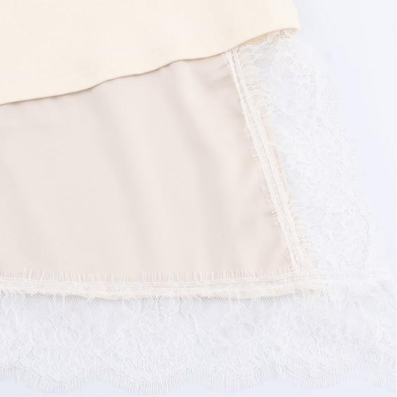 Womens Lace Patchwork T-Shirt Street Style U-Neck Mid Sleeve Long Top XS-L