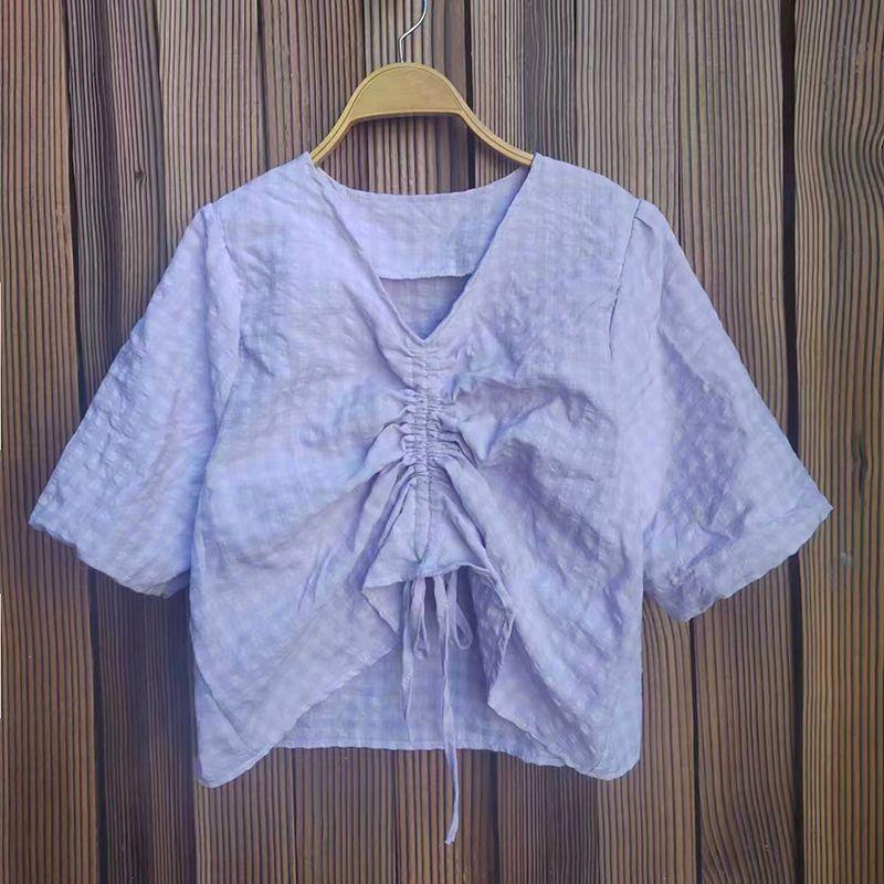 

Новый нишевый дизайн и футболка с коротким рукавом на кулиске, модный короткий клетчатый топ с V-образным вырезом L фиолетовый