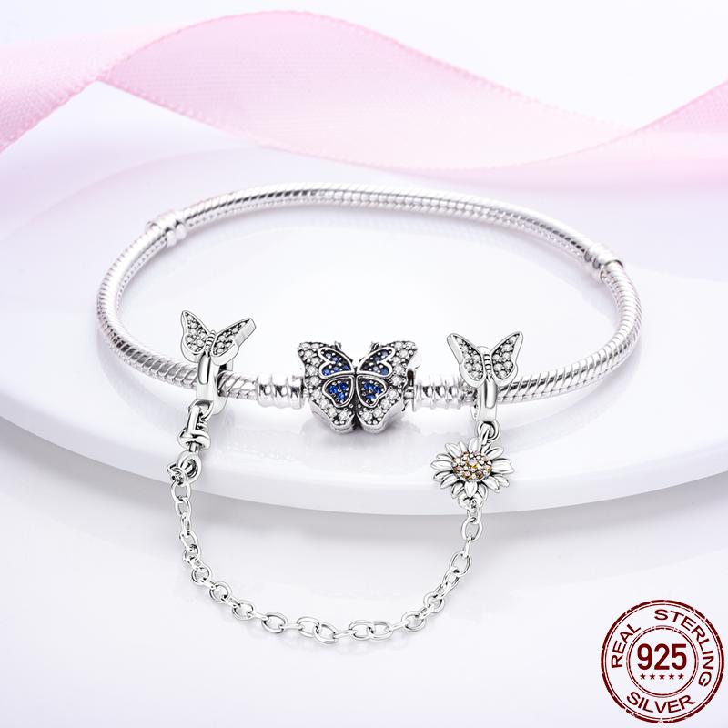 S925 Sterling Silver Clasp Silver Charms Silicone Spacer Beads Safety Chain Fit Original  Bracelet  Jewelry Women New In