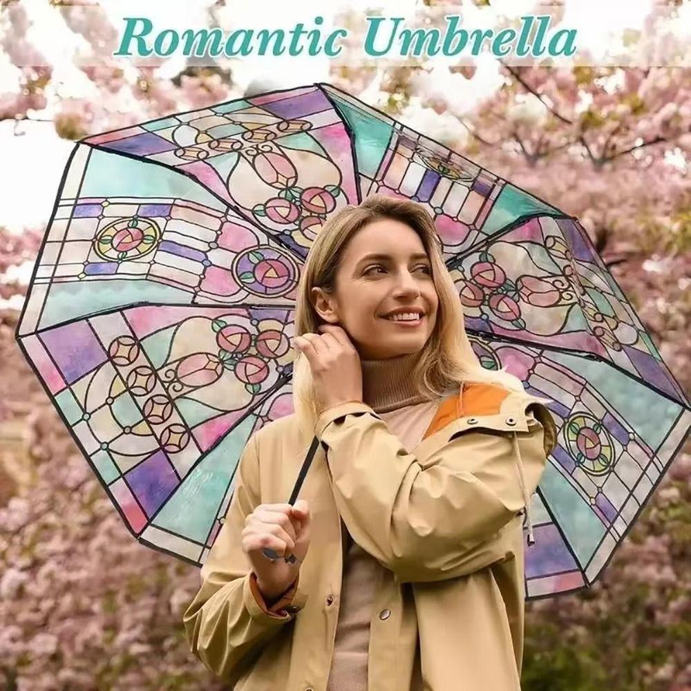 Hand-Painted Design Transparent Umbrella Stained Glass Print Automatic Umbrella Rain Protection