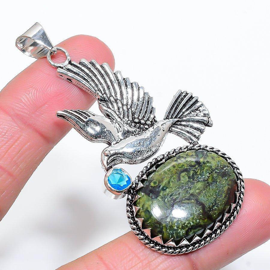 

Dragon Jasper, Blue Topaz Gemstone Handmade Ethnic Jewelry Pendant 2.64 VR-4006