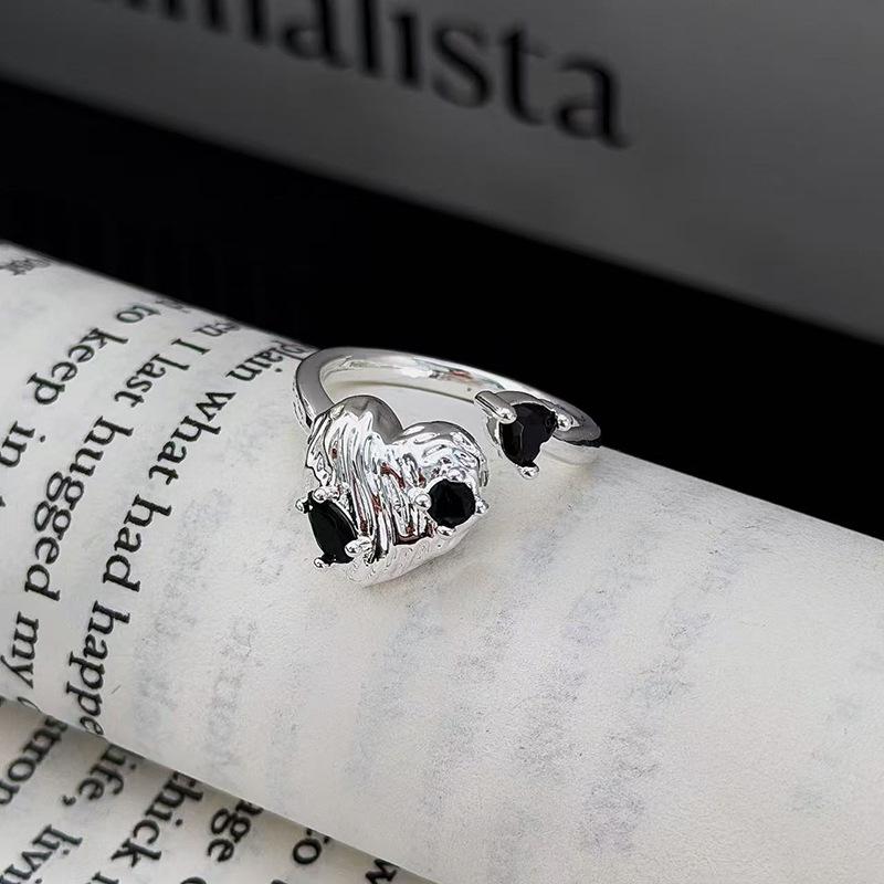 Irregular Love Dark Personality Black Zircon Bat Open Ring Niche Punk Stacked Ring Woman