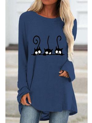 Plus Size Women Spring Black Cat Printed Comfy Long Sleeve Round Collar T-shirt Casual Baggy Mid Length Tee Tops
