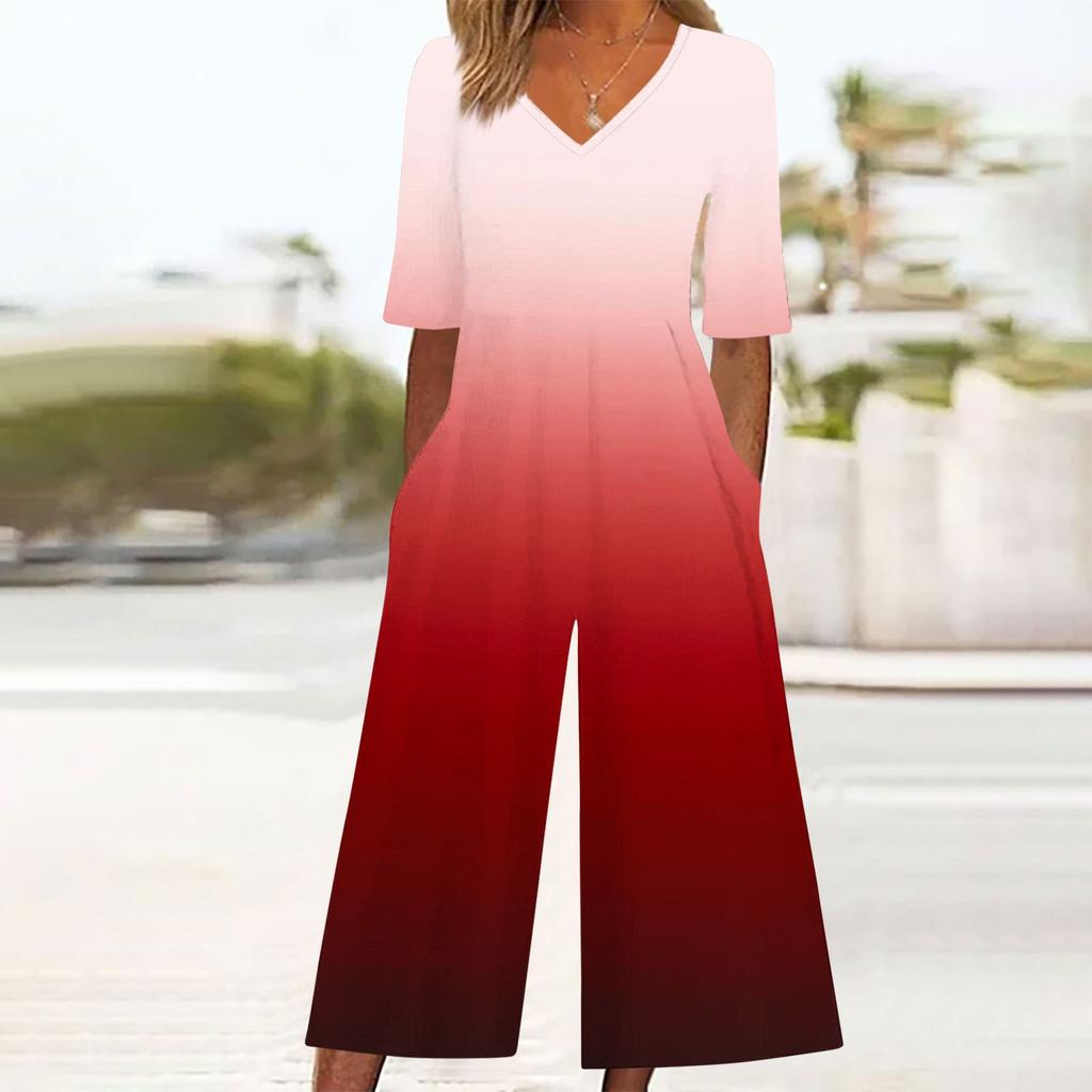 Women's Loose Casual V-Neck Gradient Printed Jumpsuit Slim Fit Wide Leg Jumpsuit