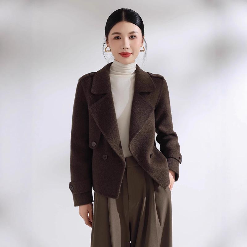Petite Versatile Double-Faced Wool Coat: Short Double-Breasted Casual Suit Collar Slimming Outerwear