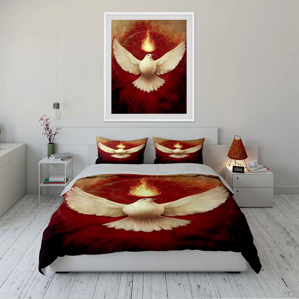 White Dove with Flame on Red Background Bedding set (1 duvet cover, 2 pillowcases, duvet not included)