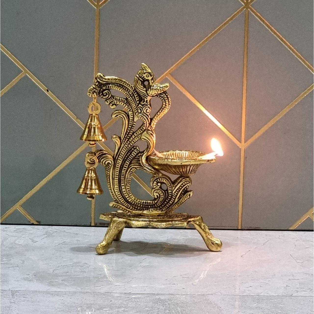 

Metal Oxidised Peacock Diya for Puja Room/Home Temple Decor, Brass Antique Oil Lamp with Bell | Best Item for Diwali,