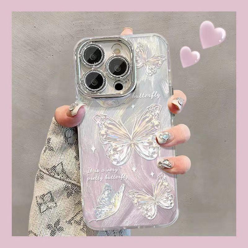 Silver Butterfly Hole Suitable for Apple 16promax Mobile Phone Case for Women IPhone 15 Lens 14 Feather Yarn Protective Case