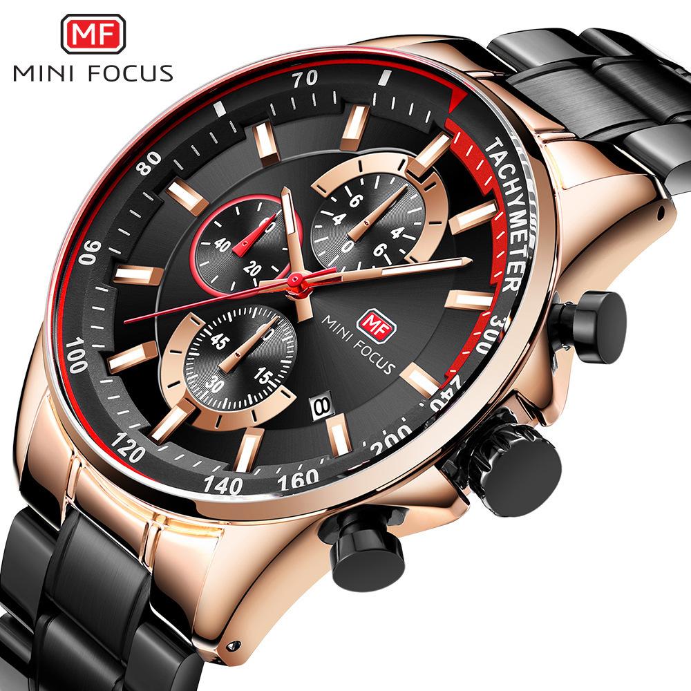 Mini Focus Fashion Steel Belt Speed Measurement Men'S Watch Three-Eye Chronograph Calendar Luminous Waterproof Quartz Watch 0218G