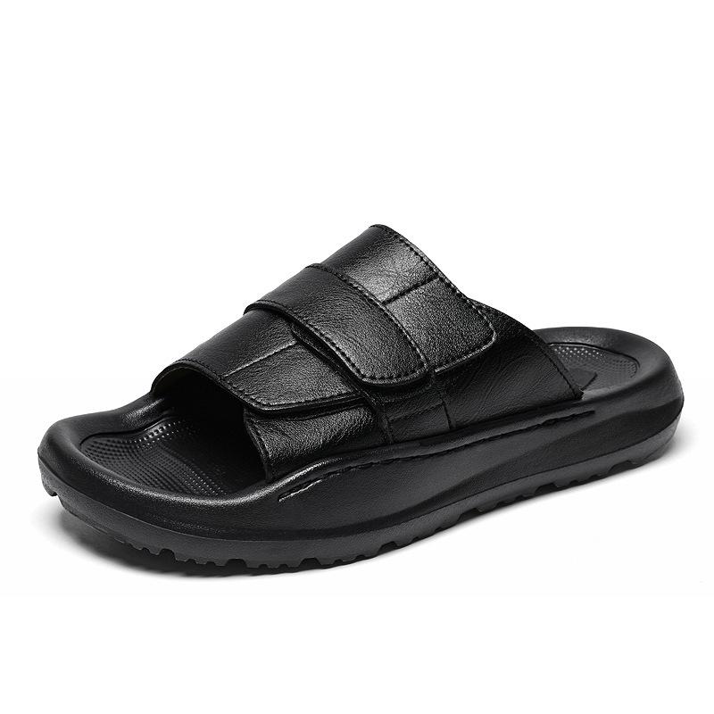 Men s Cross-Border Genuine Leather Velcro Slip-On Beach Sandals - Large Size, Non-Slip, Casual Outdoor Style Size 42