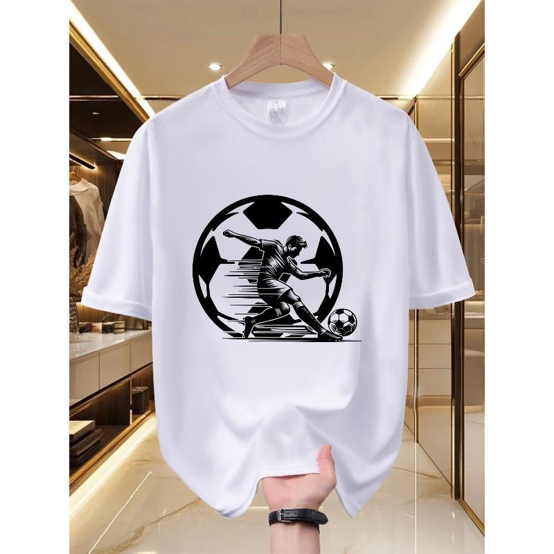 

European sizes Men s Soccer T-Shirt with Soccer Player Print - Breathable Crew Neck Short Sleeve Shirt, Sporty Casual Summer Top S белый