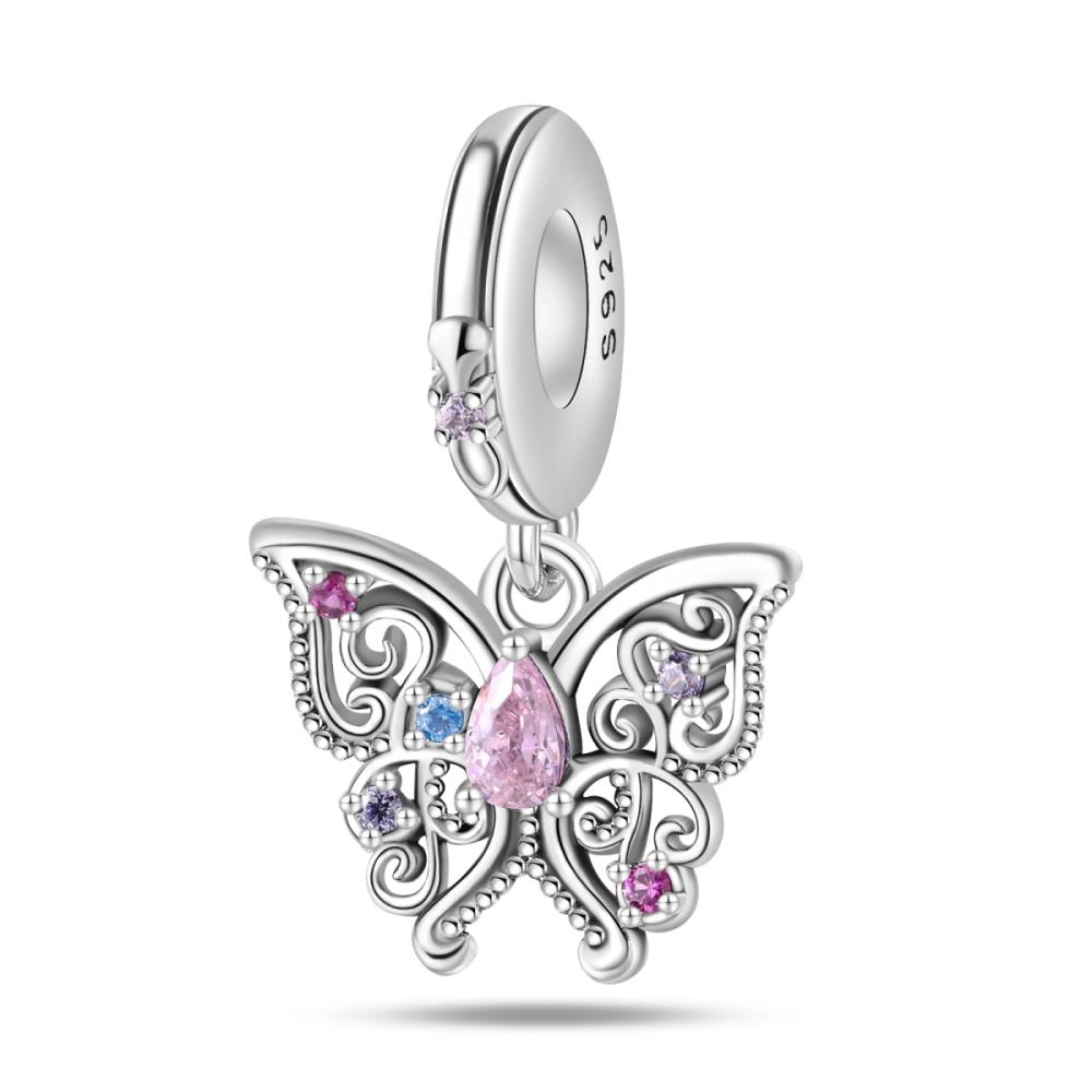 Spring copper Gem Butterfly Flower Pendant Suitable Compatible With Pandora Authentic Bracelets Diy Small Fresh Jewellery
