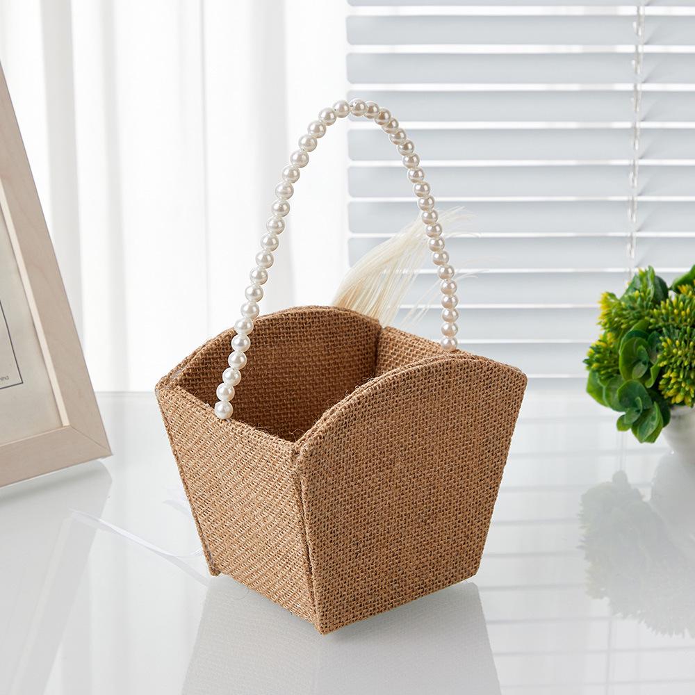 Linen Pearl Flower Basket for Outdoor Wedding - Bridal Handbag or Flower Girl Accessory