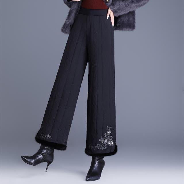 

High-Waisted Wide-Leg Striped Embroidered Cotton Warm Pants for Women S (suitable for 80-90 jin) чёрный
