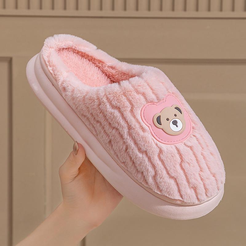 Home cotton slippers men's winter indoor thick bottom non-slip velvet warm couple bear pattern light cotton slippers