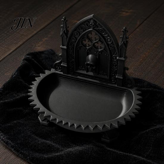 Dark Niche Desk Decor Church Carving Design Storage Box, Matte Black Desktop Organizer for Rings Incense Tray Bracelets Goth Decor, Gothic Style