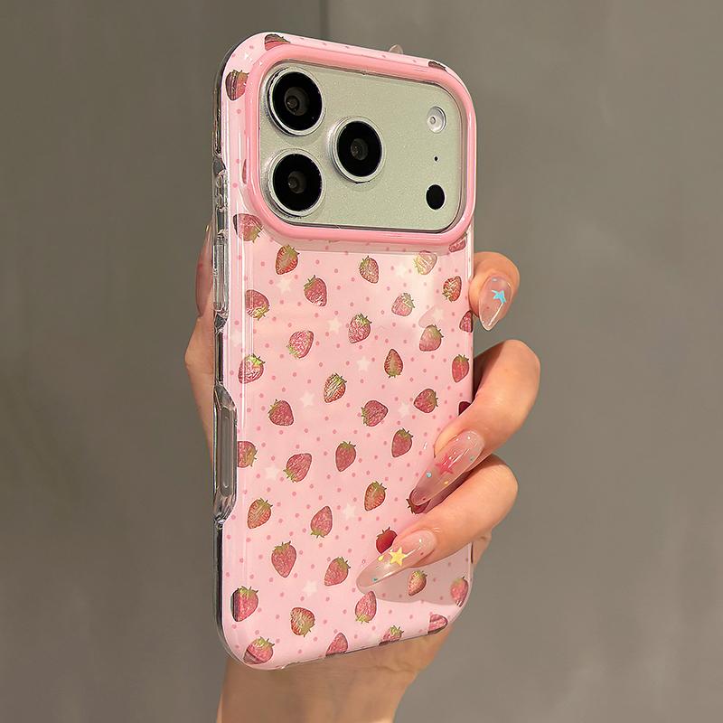 Ins Sweet Cute Bling Pink Strawberry Shockproof Phone Case For For Iphone 13 14 1 16 17 Pro Max Hard IMD TPU Back Cover