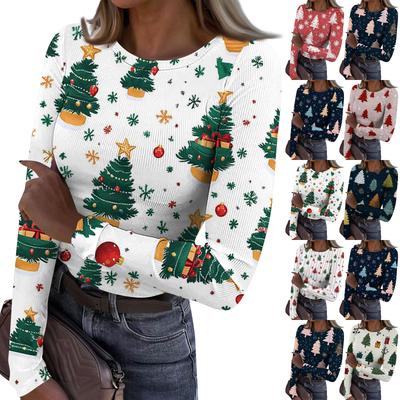 Women's Fashion Slim-Fit Round Neck Base Layer T-Shirt Christmas Print Long-Sleeved Top
