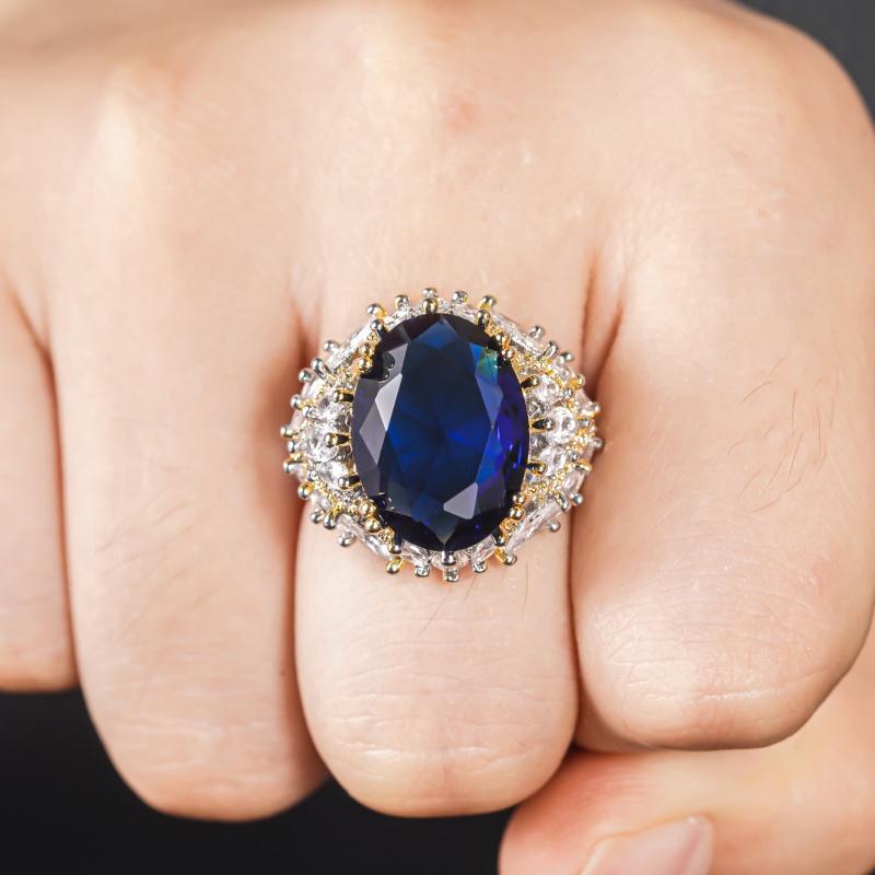 Huitan Women Two Tone Ring Gorgeous Inlaid Brilliant Blue CZ Noble Wedding Party Accessories Fancy Trendy Jewelry for Engagement