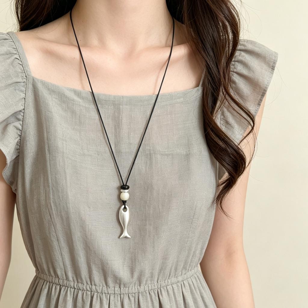 2026 Trendy Metal Fish Pendant Long Chain Leather Cord Necklace For Women Men Summer Fashion Personalized Charm Neck Jewelry