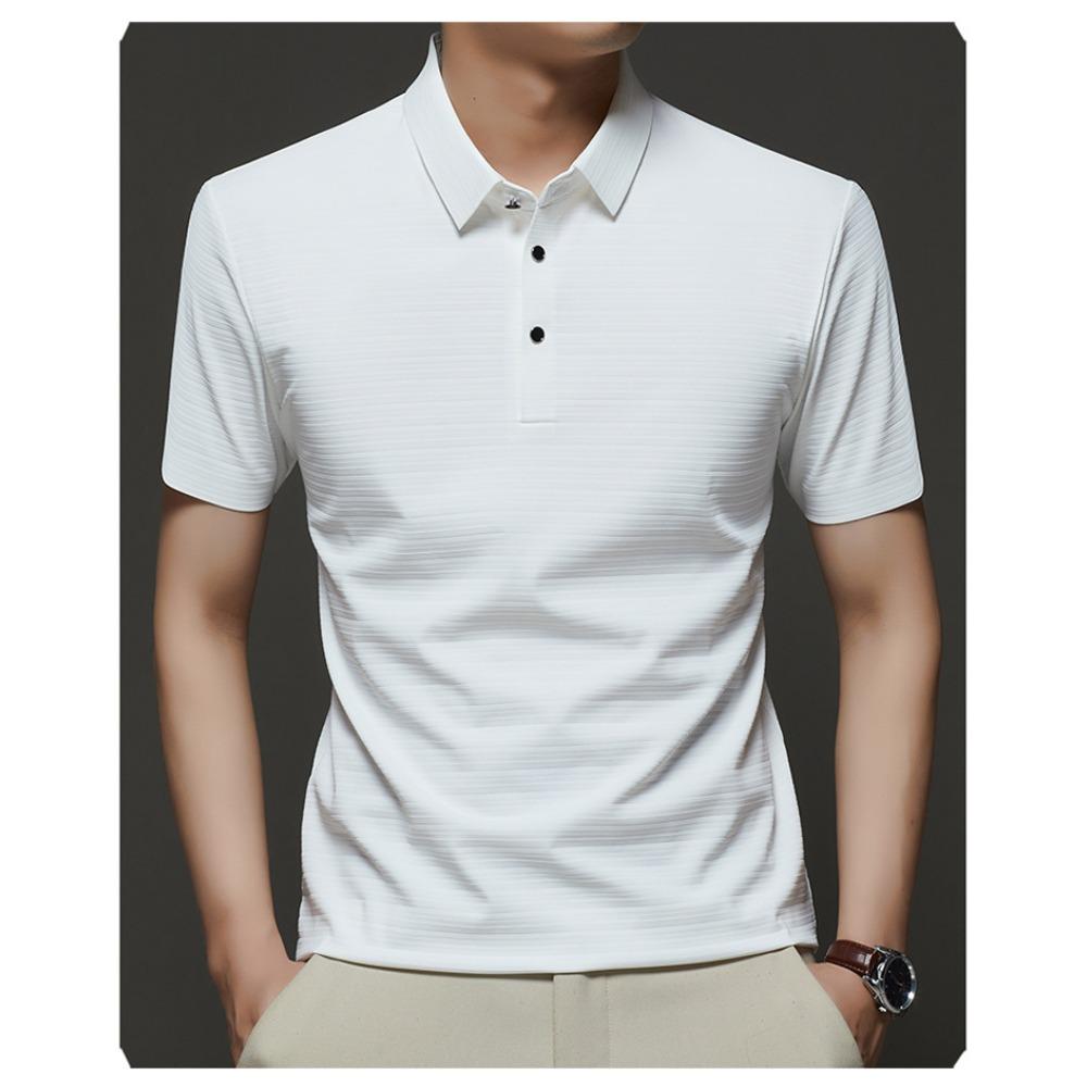 Seamless Stretch Short-Sleeved Polo Shirt for Men – Lightweight, Cooling Ice Silk, Loose-Fit Collared T-Shirt for Middle-Aged Men