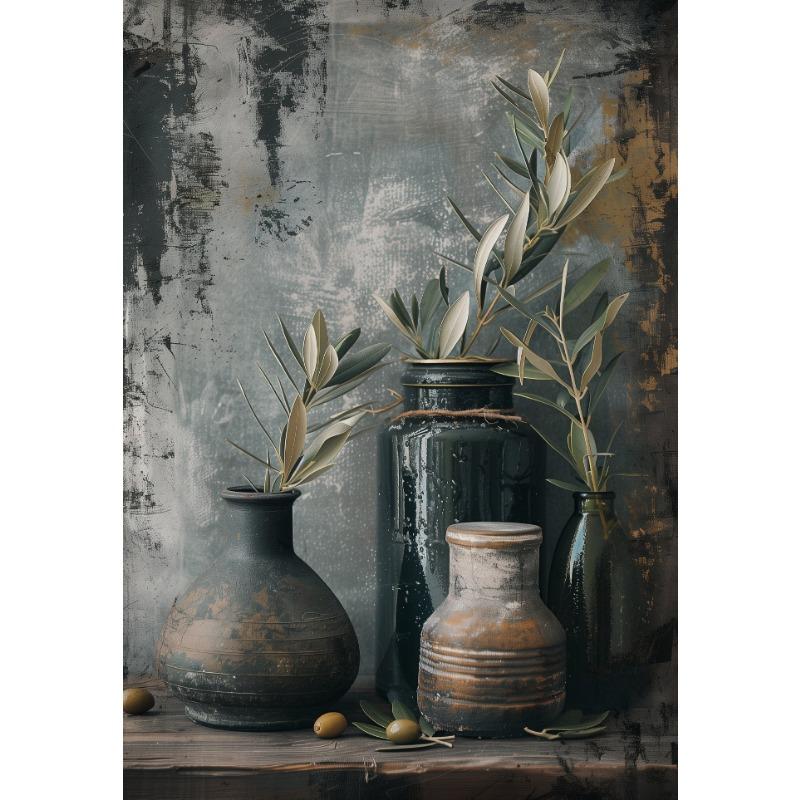 Mediterranean Antique Olive Branch Green Plant Rustic Kitchen Elegant Vase Poster Canvas Painting Wall Picture Home Decor