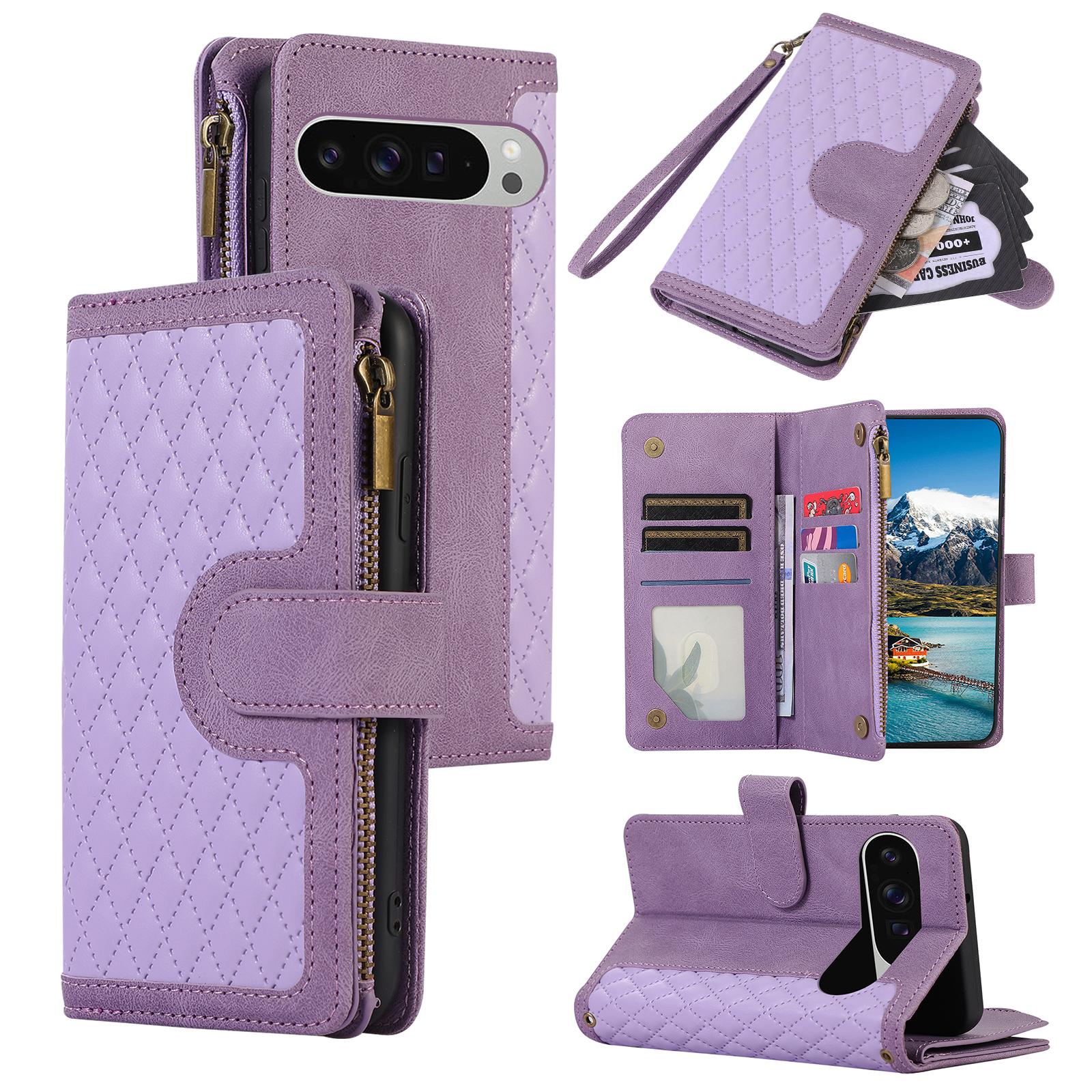 

For Google Pixel 9 Pro XL Case 9 Card Slots Rhombus Design Leather Phone Cover with Wrist Strap Purple