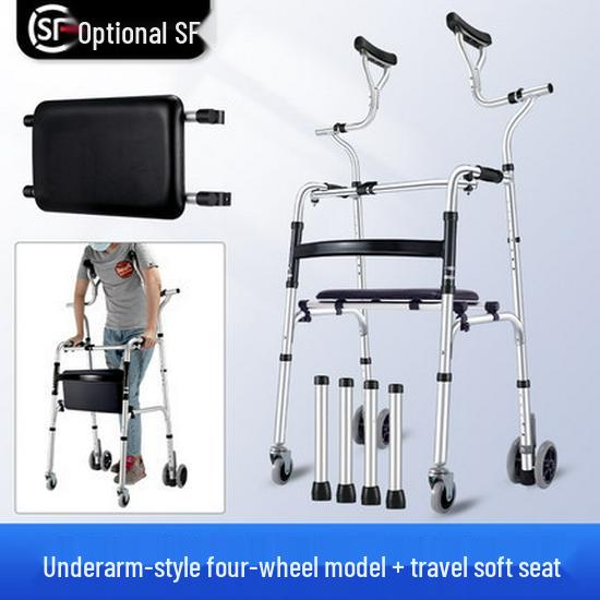 Aluminum Alloy Folding Walker with Wheels, Underarm Crutches, and Seat Cushion for Elderly Rehabilitation.