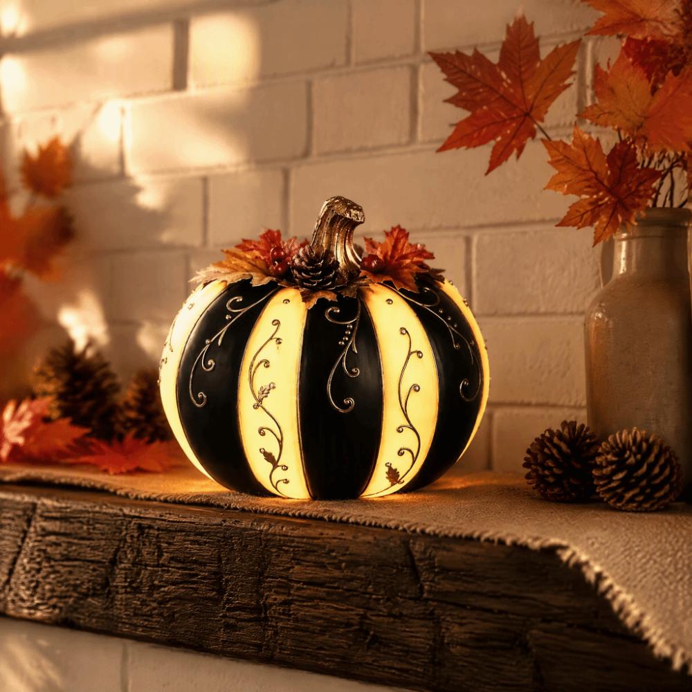 Black White Stripe Pumpkin Decoration Black White Striped Design Golden Floral Pattern Light Up Pumpkin Creative Design